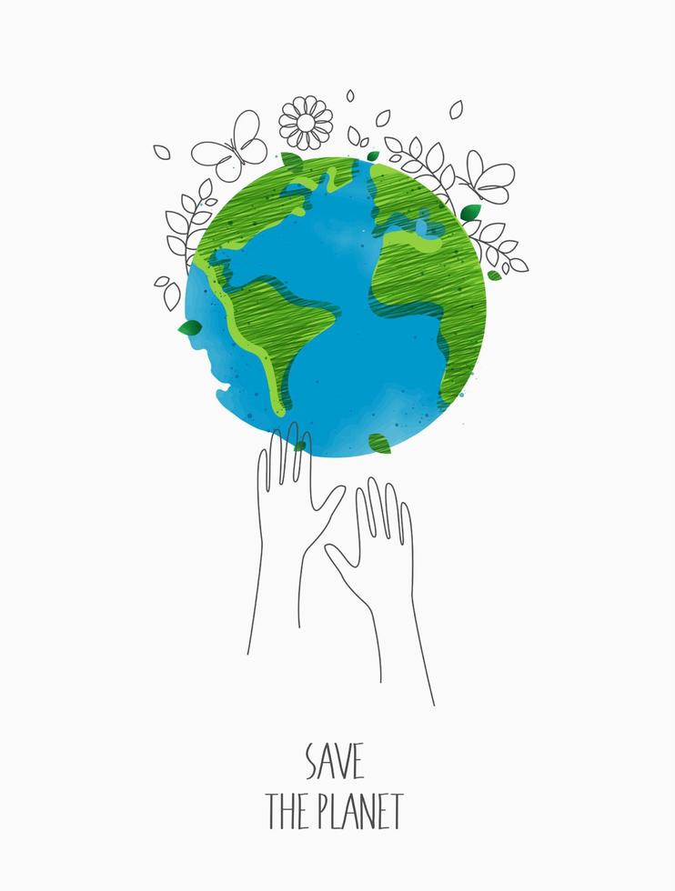 Environmentally friendly concept. eco with the globe, world map and hands for saving environment, save clean green planet, ecology concept. card for world earth day.  vector design