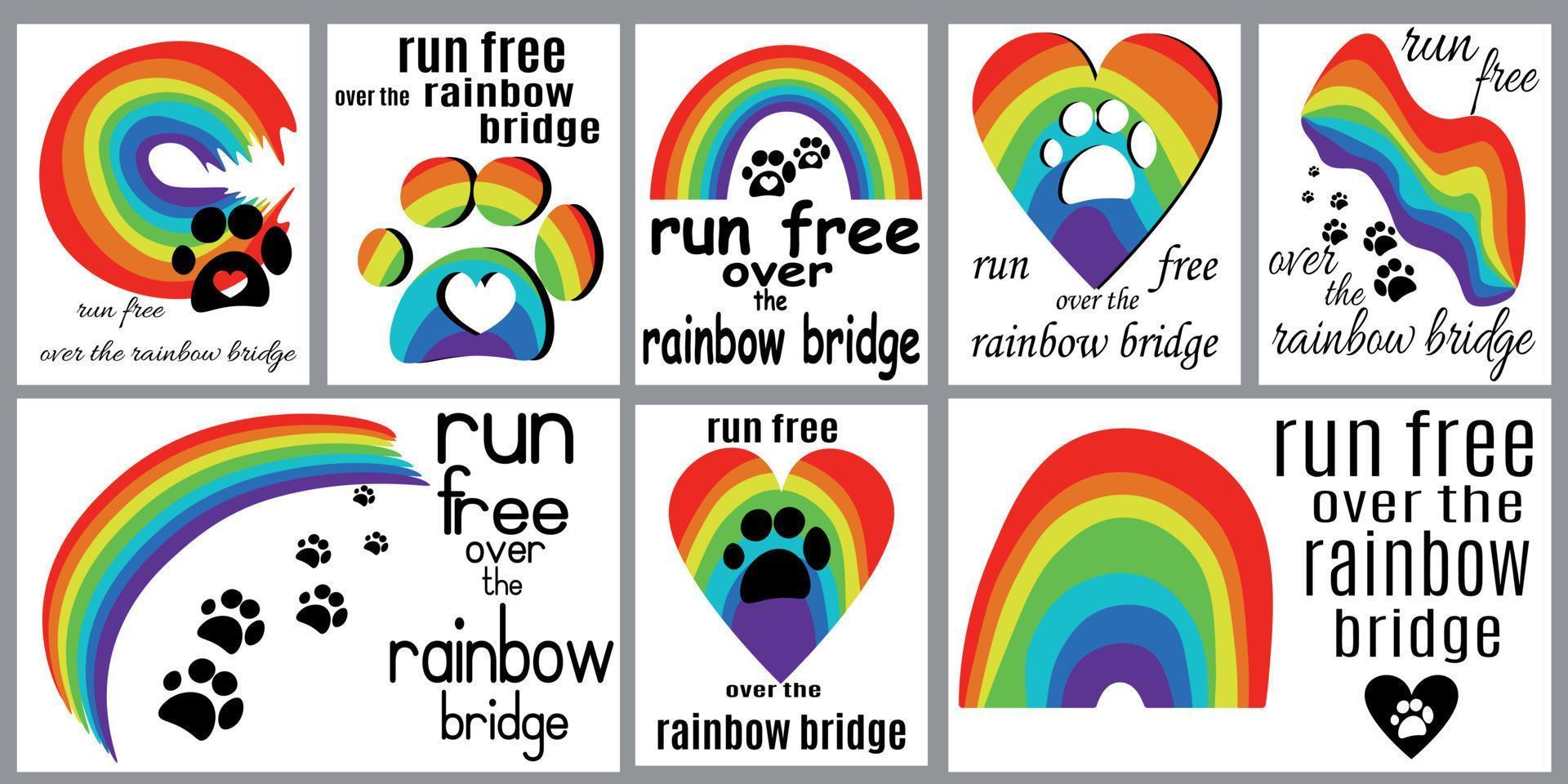 conjunto de tarjetas de pérdida de mascotas, correr libre sobre la ilustración del vector del puente del arco iris