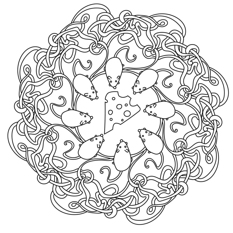 mandala enredado abstracto con lindos ratones alrededor de un trozo de queso y cintas entrelazadas alrededor del borde, página para colorear antiestrés animal vector