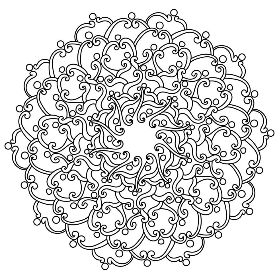 Contour antistress mandala with curls, weaves and circular symmetrical elements, zen coloring page vector