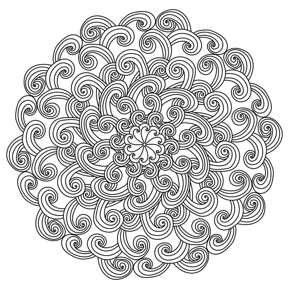 Symmetrical contour doodle mandala of wavy curls, round antistress coloring page vector
