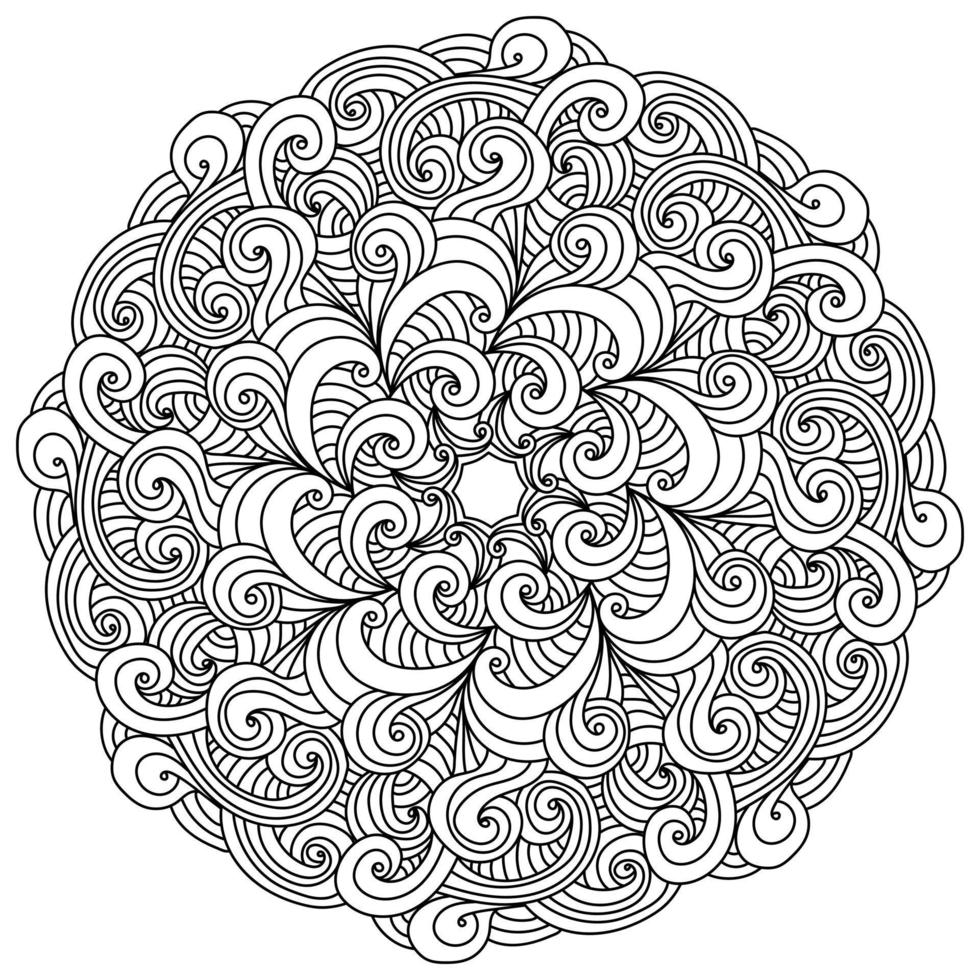 mandala antiestrés de contorno con muchos rizos y arcos lineales, página de color zen con patrones ornamentados vector