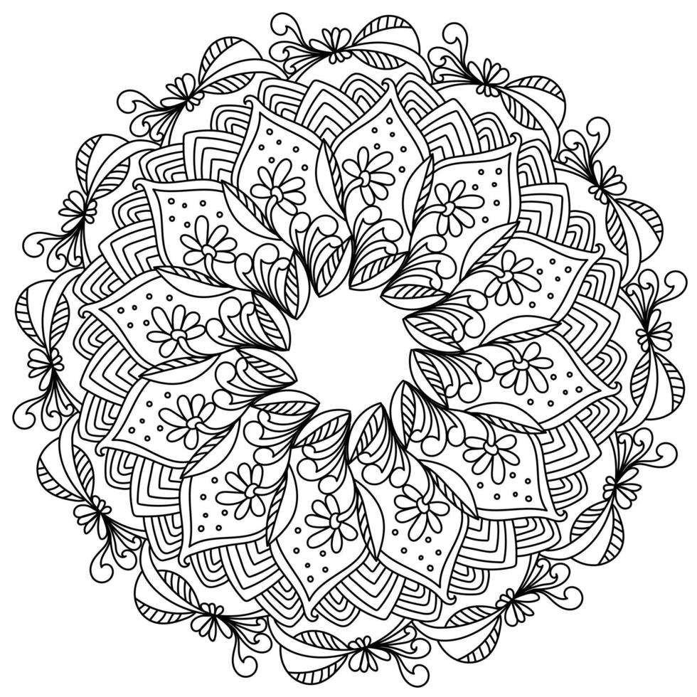 Contour antistress mandala with plant elements from doodle leaves and flowers, zen coloring page for adults and kids vector