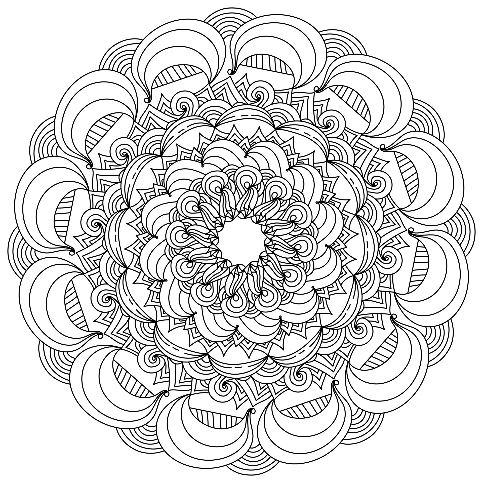 Antistress mandala coloring page with wide arches and curls, zen