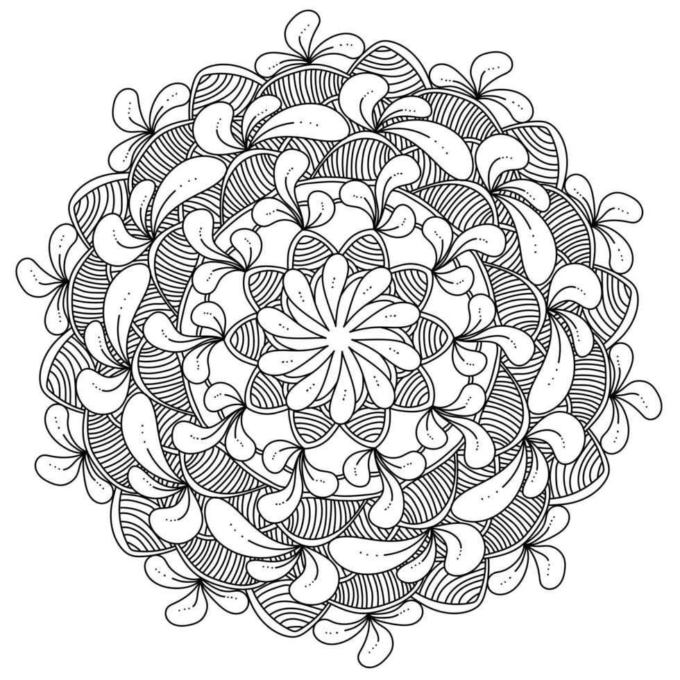 Antistress contour mandala of stylized petals and striped segments, zen coloring page vector