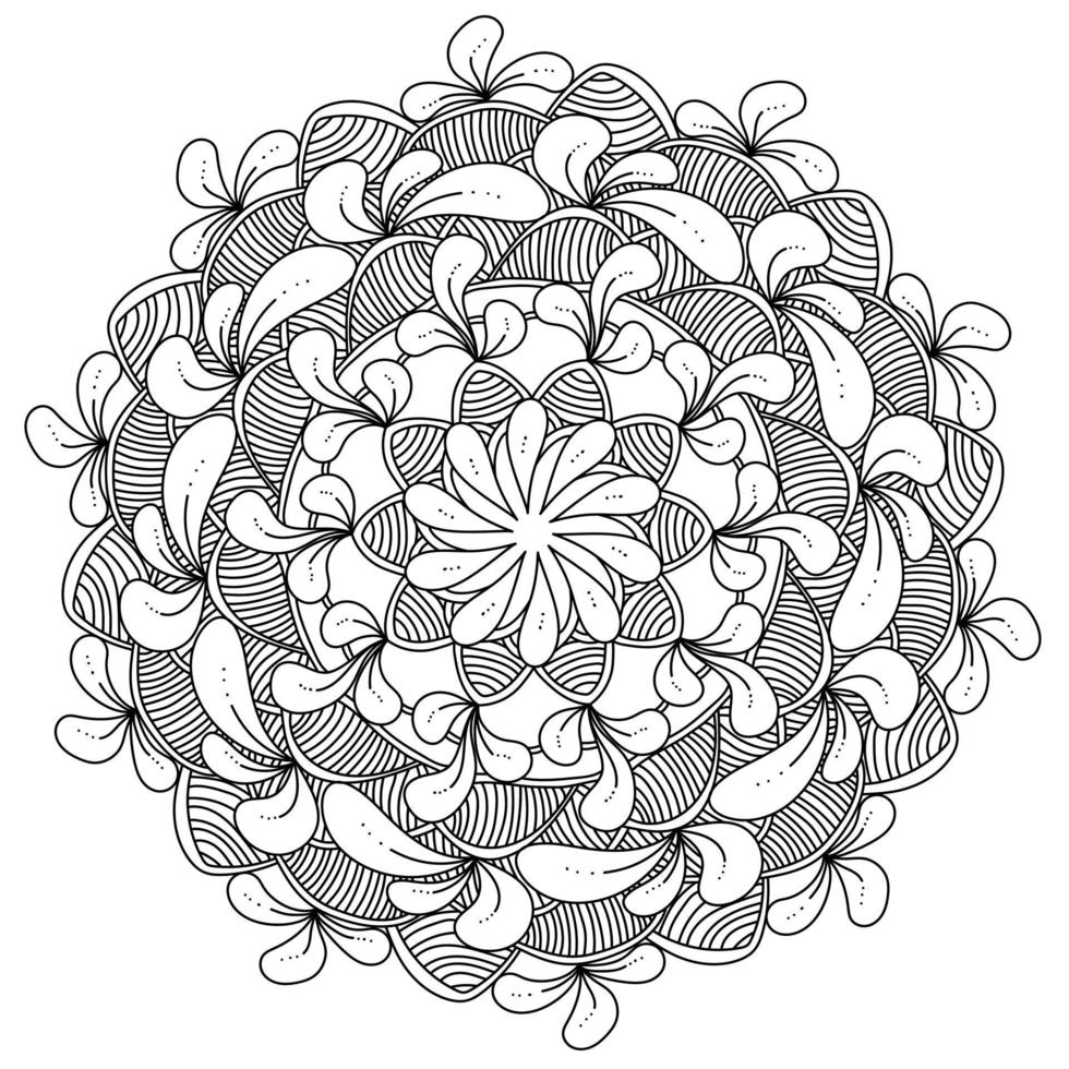 mandala de contorno antiestrés de pétalos estilizados y segmentos rayados, página de coloración zen vector