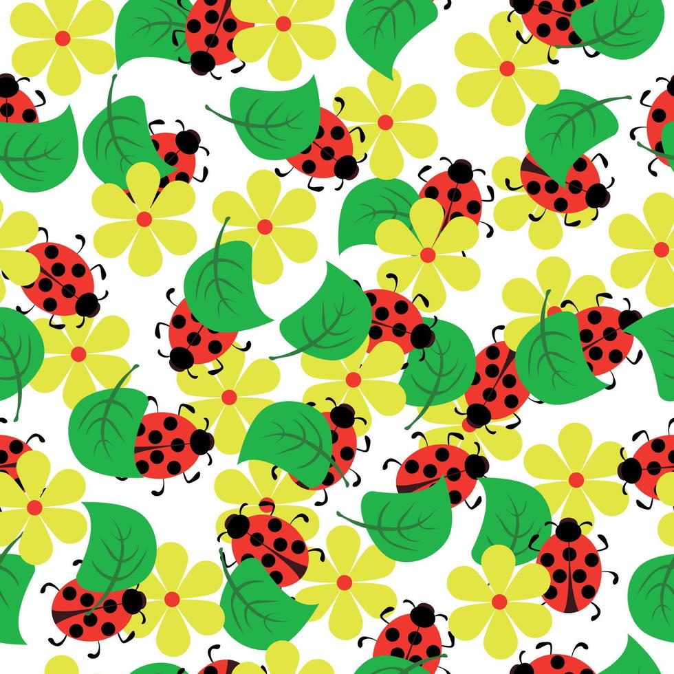 Ladybugs with flowers and leaves seamless pattern, cute insect plant elements on white background vector