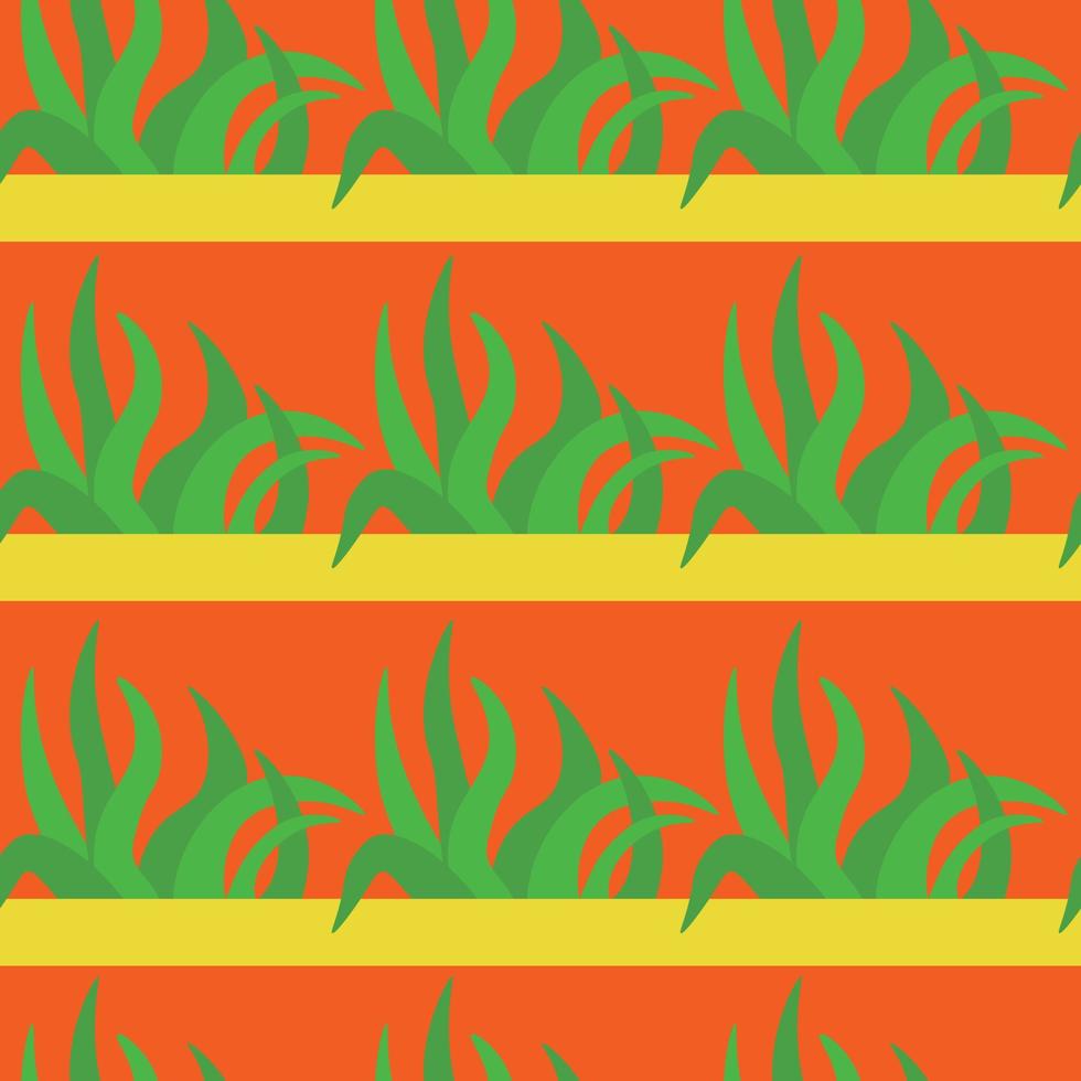Bright spring grass seamless pattern, green bushes on orange background vector