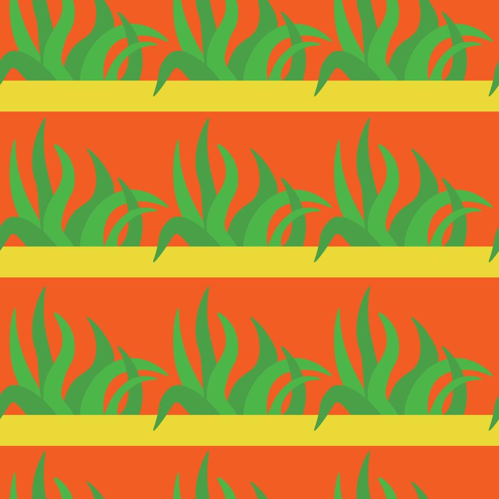 Bright spring grass seamless pattern, green bushes on orange background vector