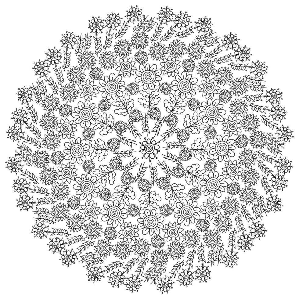 Contour zen mandala of doodle flowers with spiral centers and ornate leaves, antistress coloring page with plant elements arranged in a circle vector