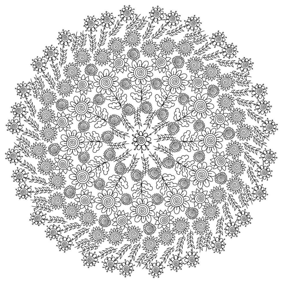 contorno zen mandala de flores de garabato con centros en espiral y hojas ornamentadas, página de coloración antiestrés con elementos vegetales dispuestos en un círculo vector