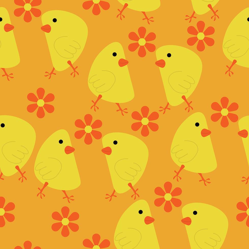 Easter chicks seamless pattern, flowers and birds on orange background vector