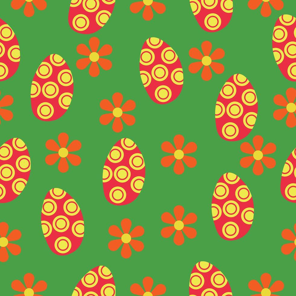 patrones sin fisuras de huevos de Pascua, huevos pintados y flores sobre un fondo verde vector