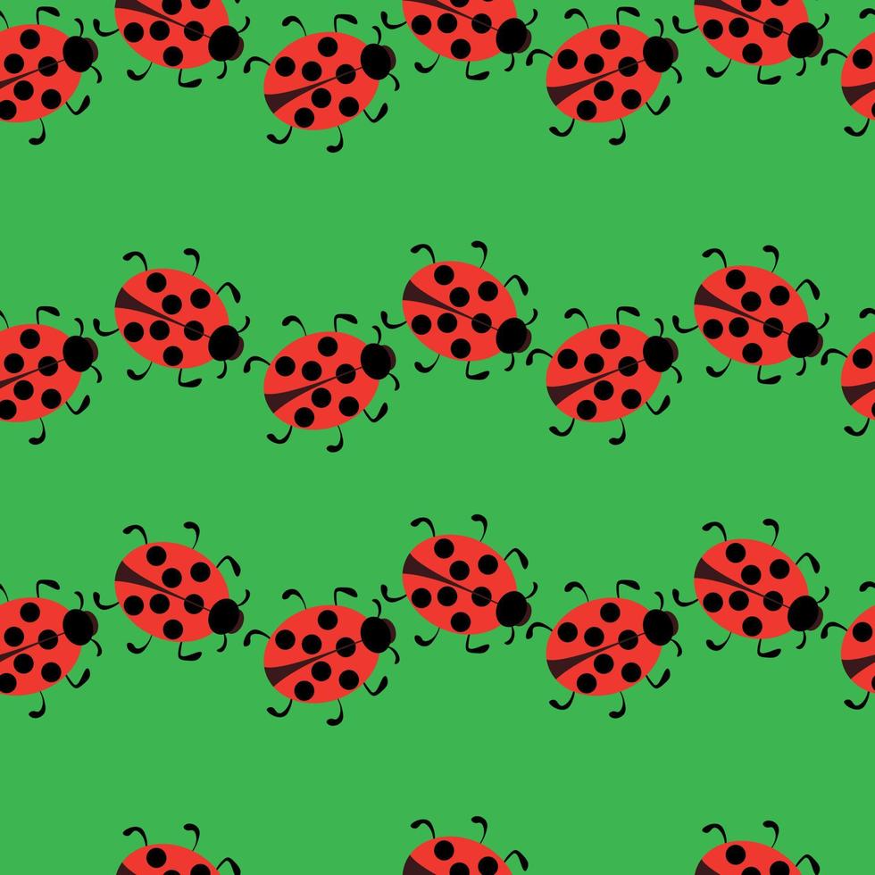 Ladybugs seamless pattern, cute insects in horizontal rows on a green background vector