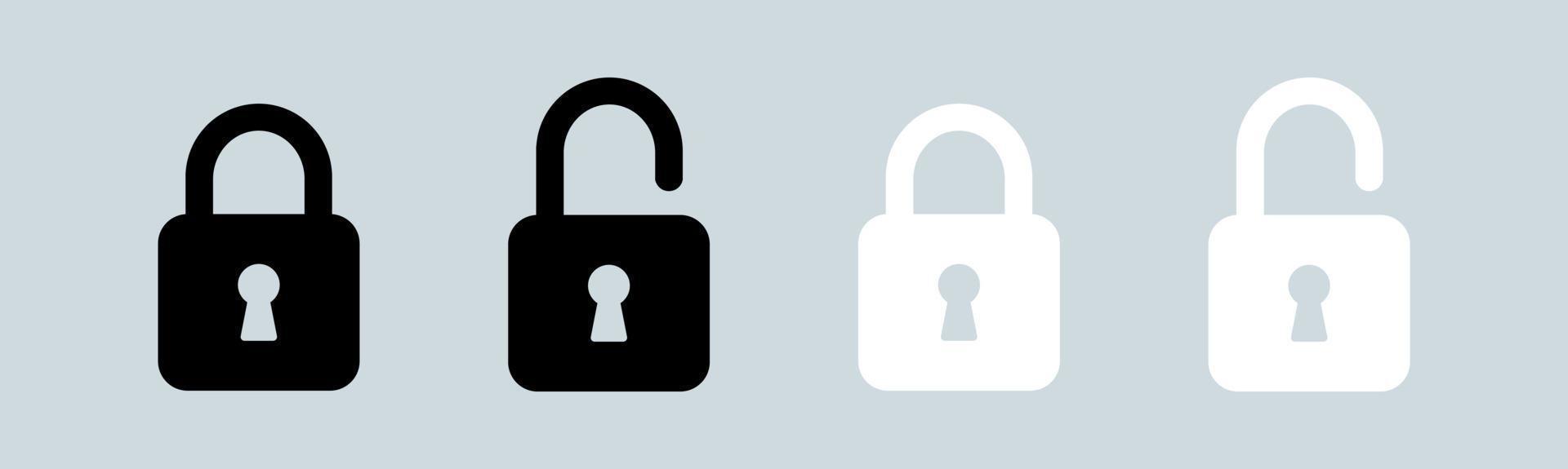 Locked and unlocked solid icon in black and white colors. Padlock vector icon.