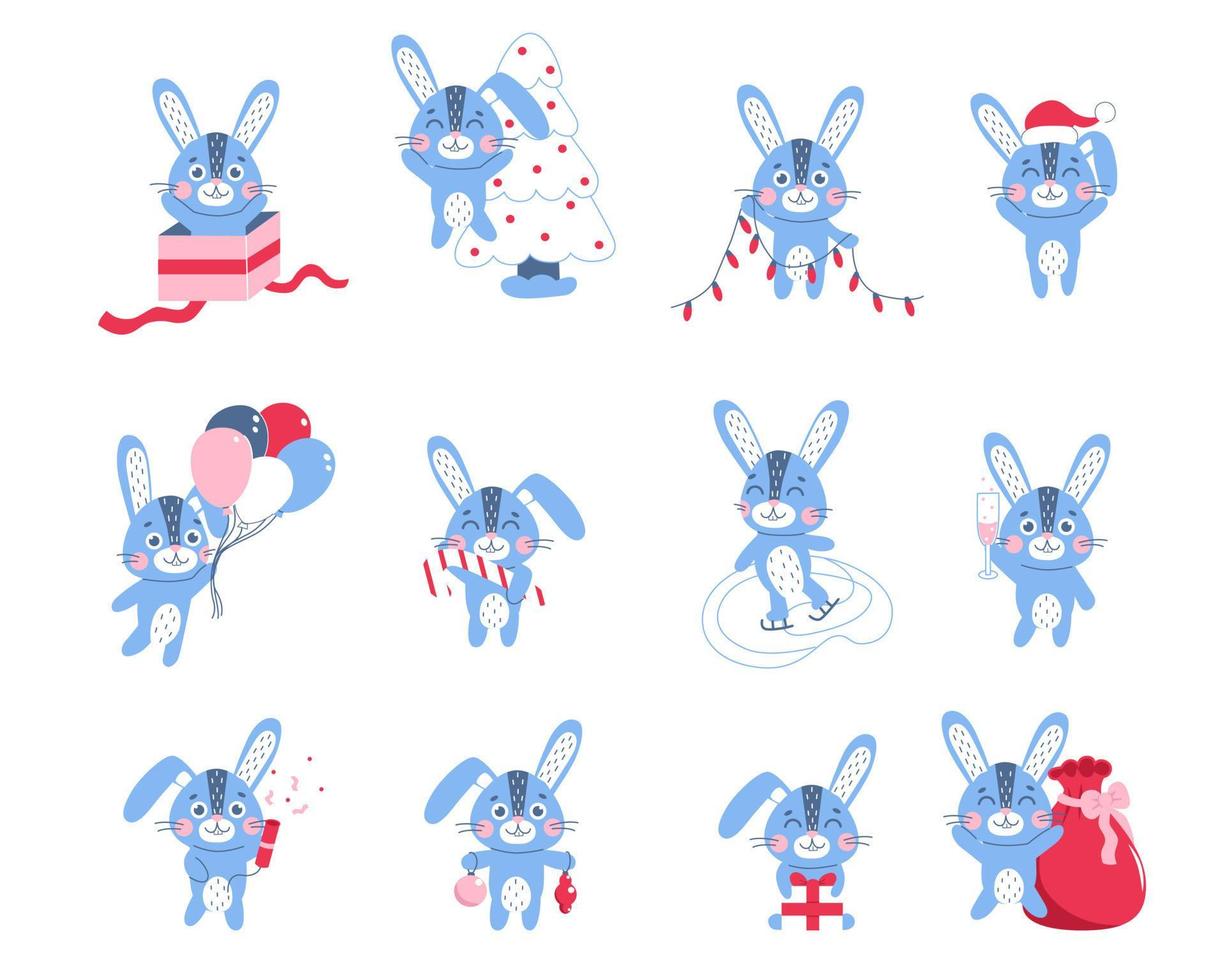 Christmas cute rabbits set. Winter black hare symbol of 2023 year. New year mascot. Cute vetor flat animal character, isolated on white background. Happy Chinese New Year. vector