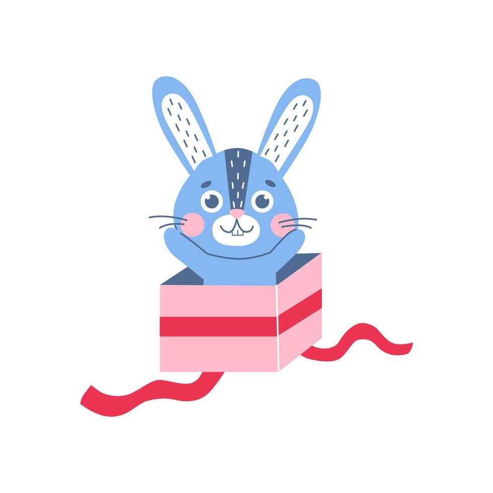 lindo conejo de navidad en la caja actual. símbolo de invierno del año 2023. mascota de año nuevo. carácter animal plano vetor, aislado sobre fondo blanco. vector