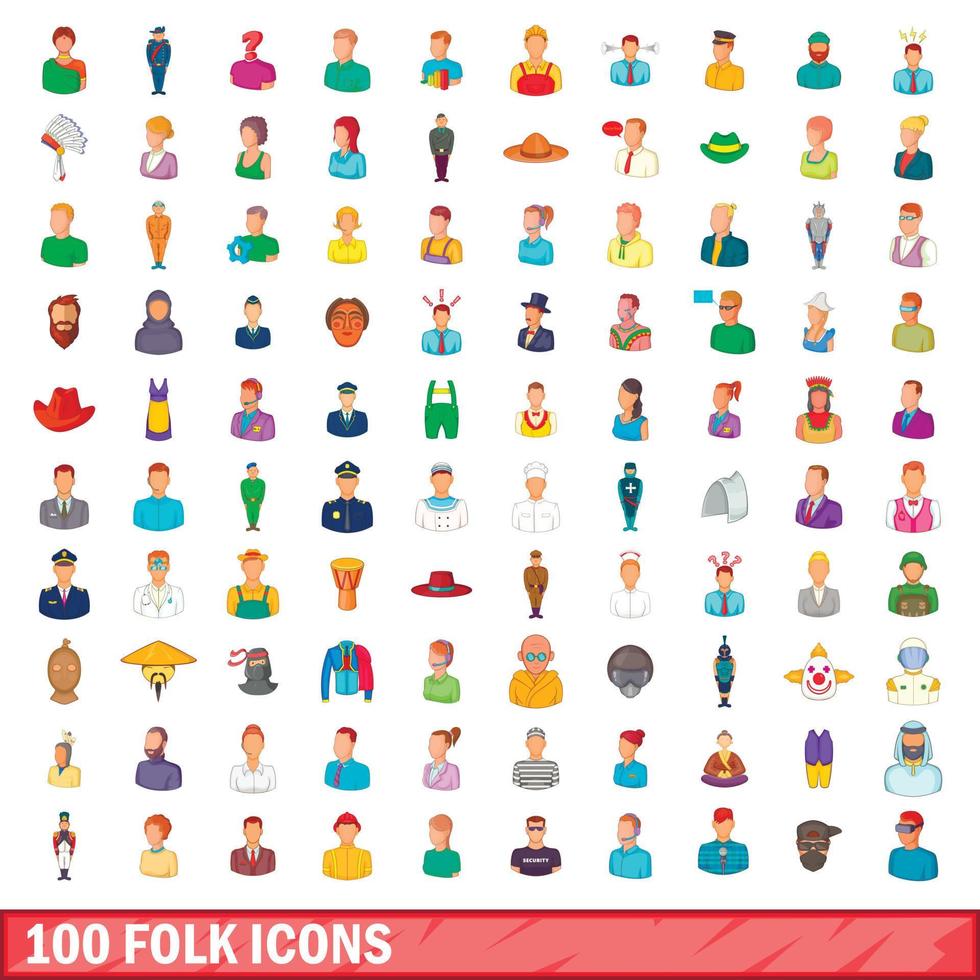 100 folk icons set, cartoon style vector