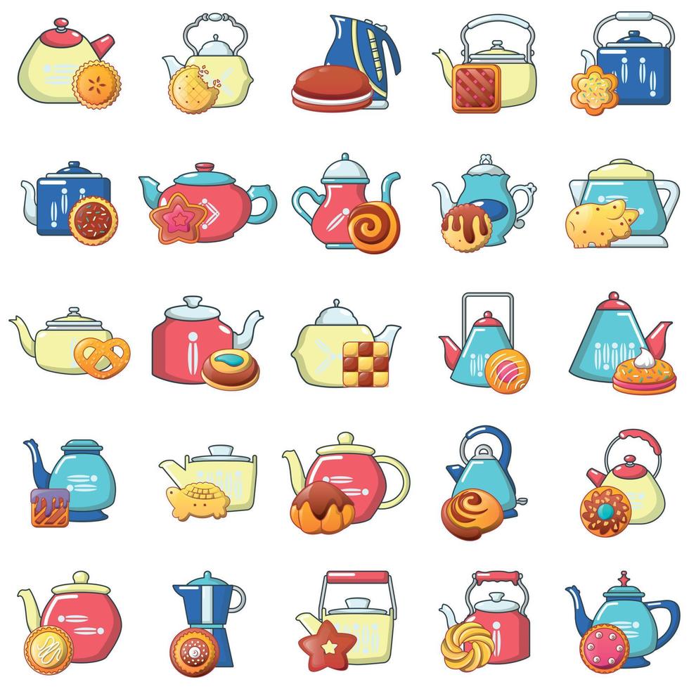 Tea time icons set, cartoon style vector