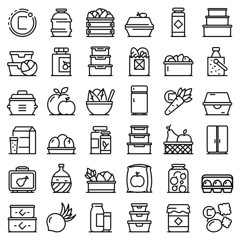 conjunto de iconos de almacenamiento de alimentos, estilo de contorno vector