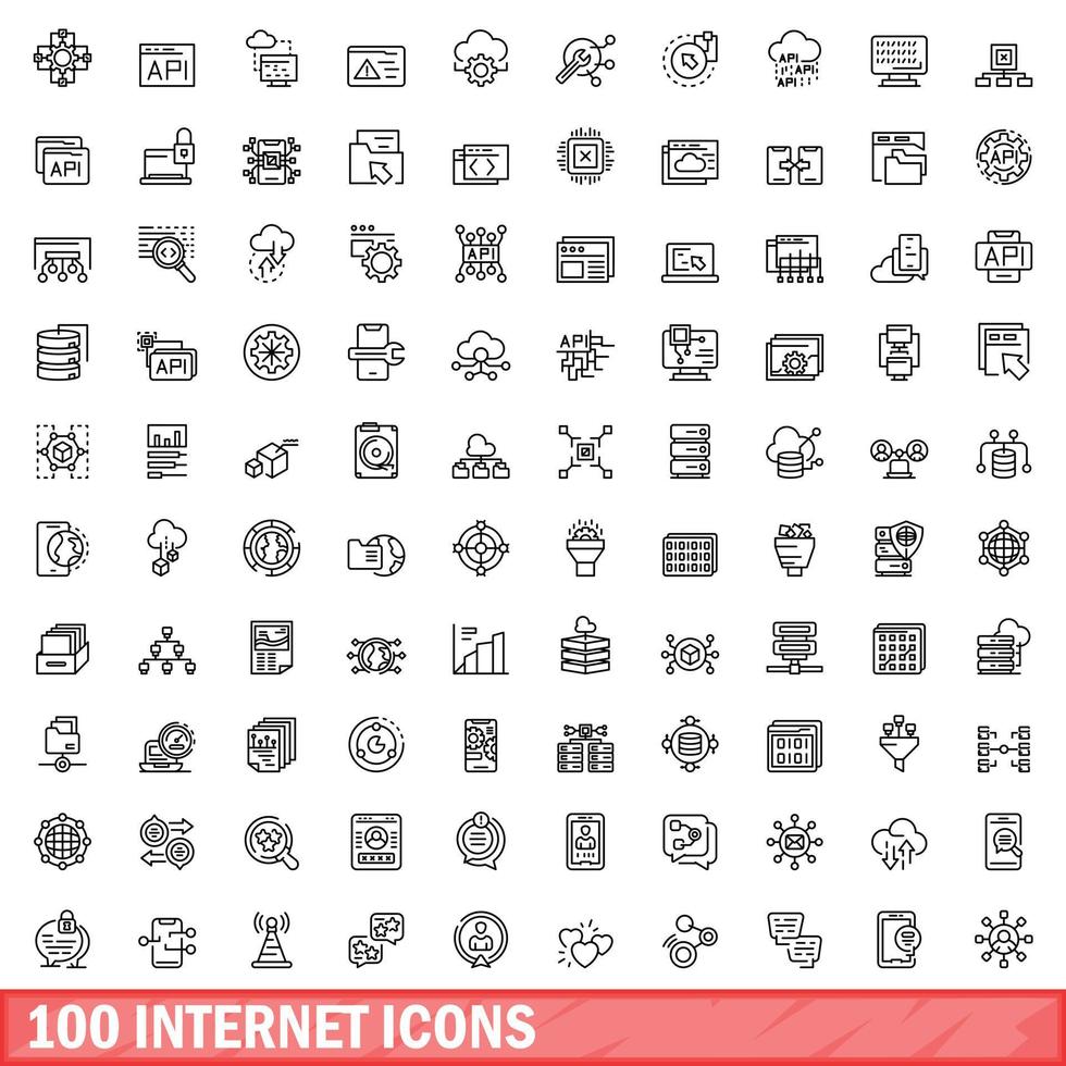 100 internet icons set, outline style vector