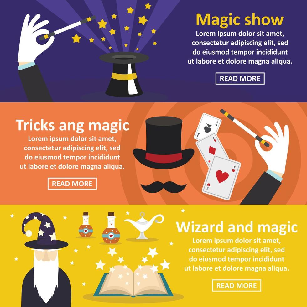 Magician show banner horizontal set, flat style vector