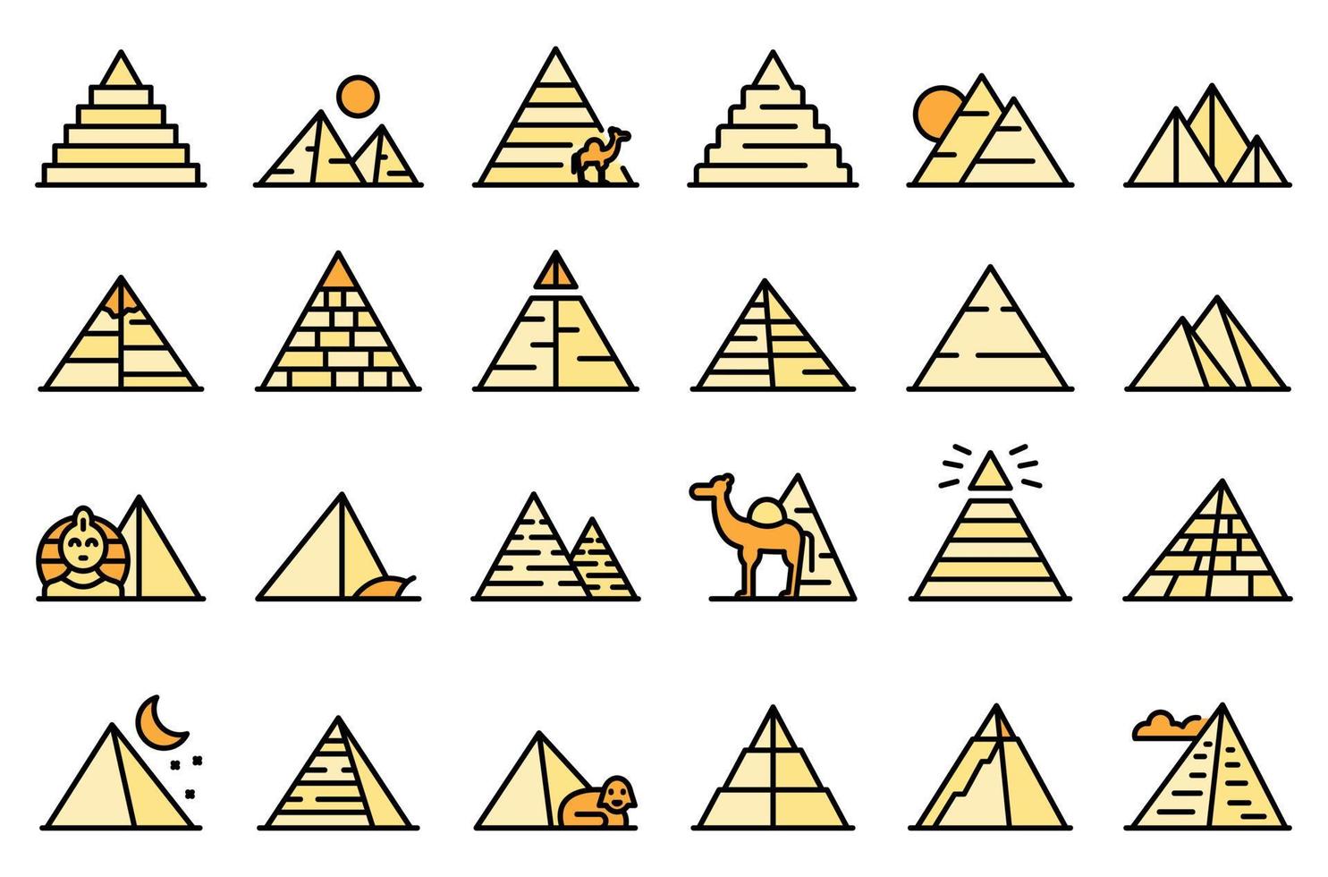 pirámides, egipto, iconos, conjunto, vector, plano vector