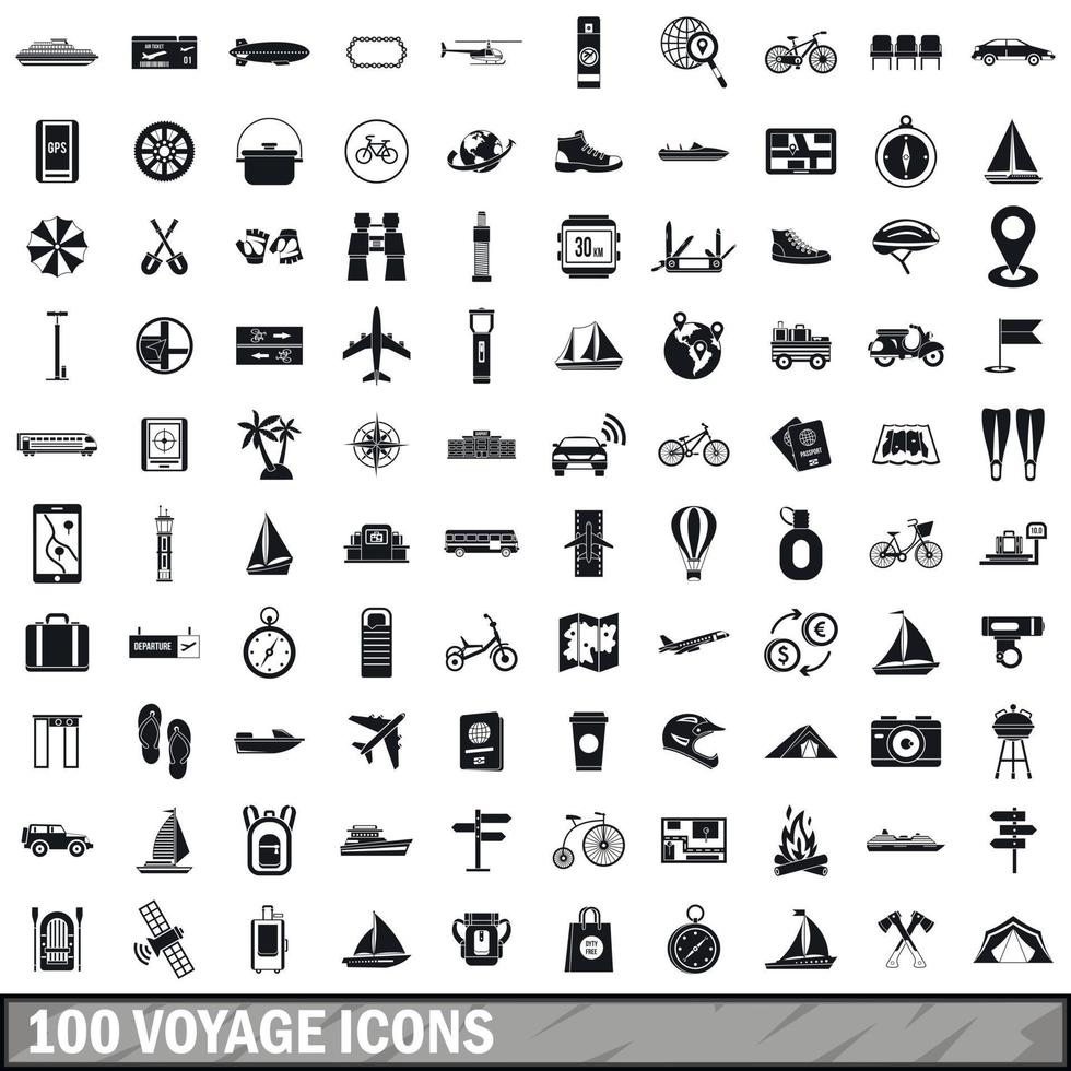 100 voyage icons set, simple style vector