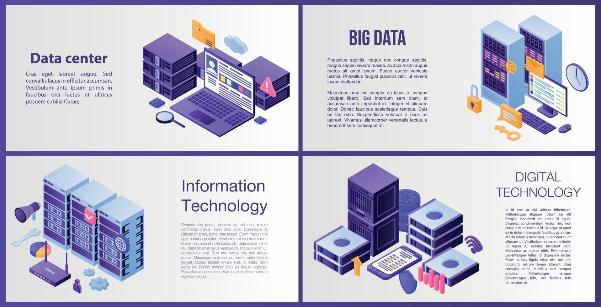 Data center server banner set, isometric style vector