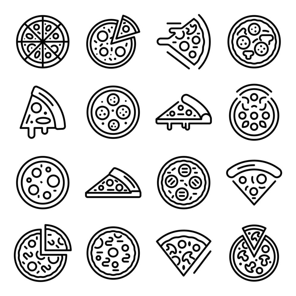 Pizza icons set, outline style vector