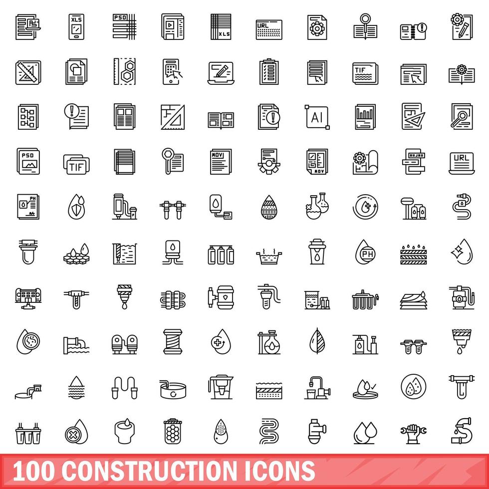 100 conjunto de iconos de construcción, estilo de contorno vector