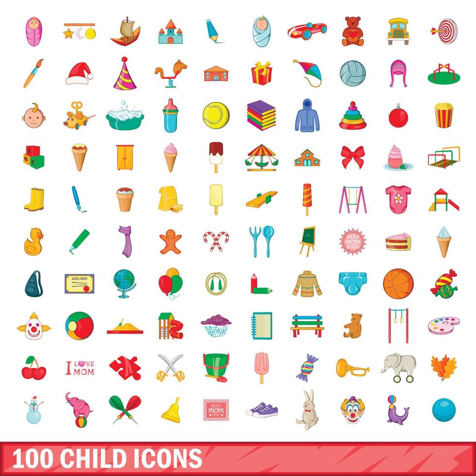 100 child icons set, cartoon style vector