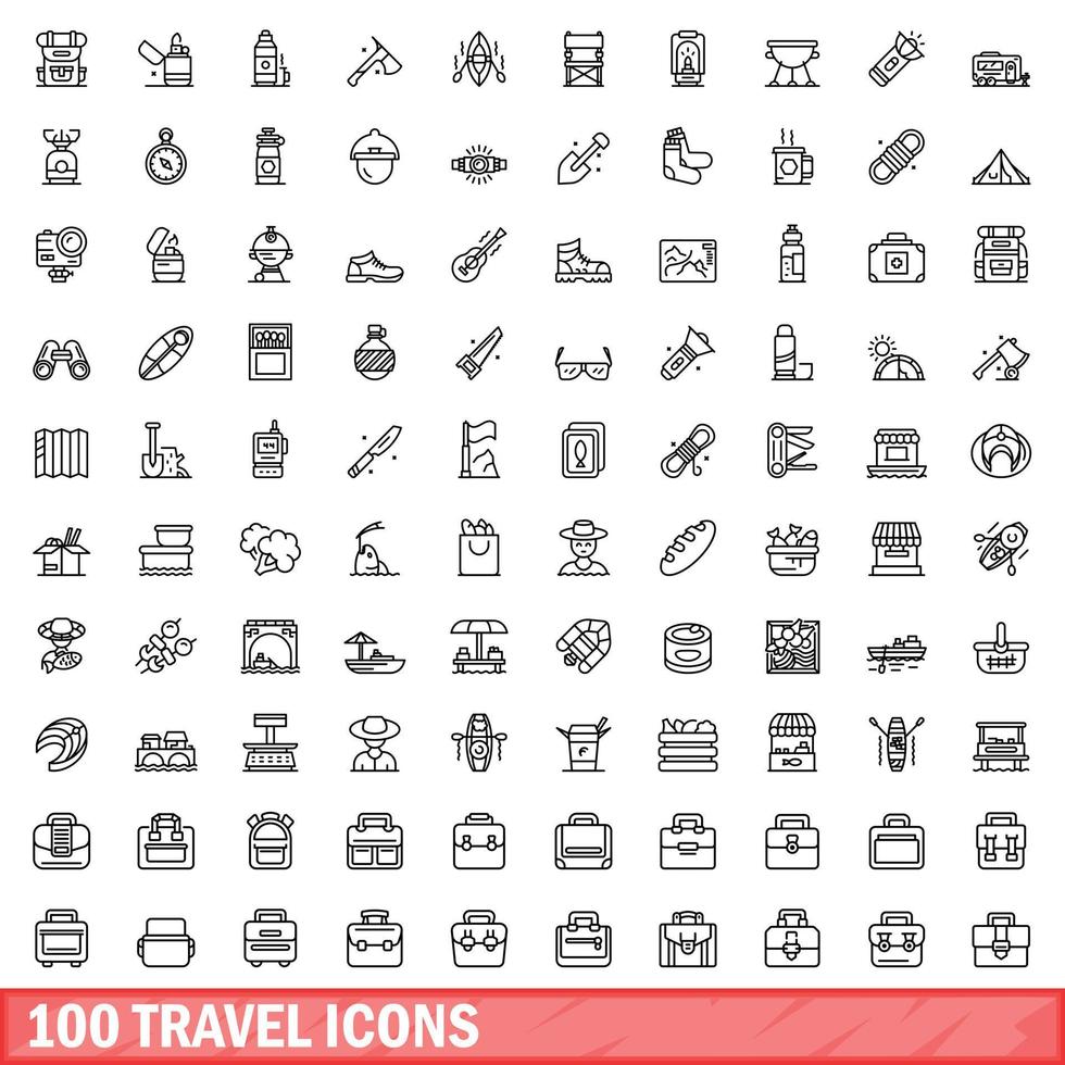 100 travel icons set, outline style vector