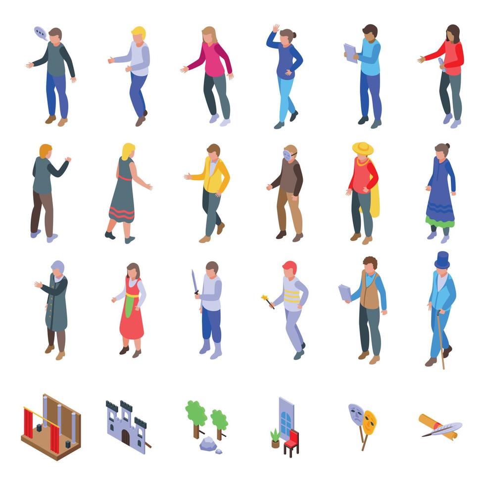 Acting lessons icons set isometric vector. Online kid vector