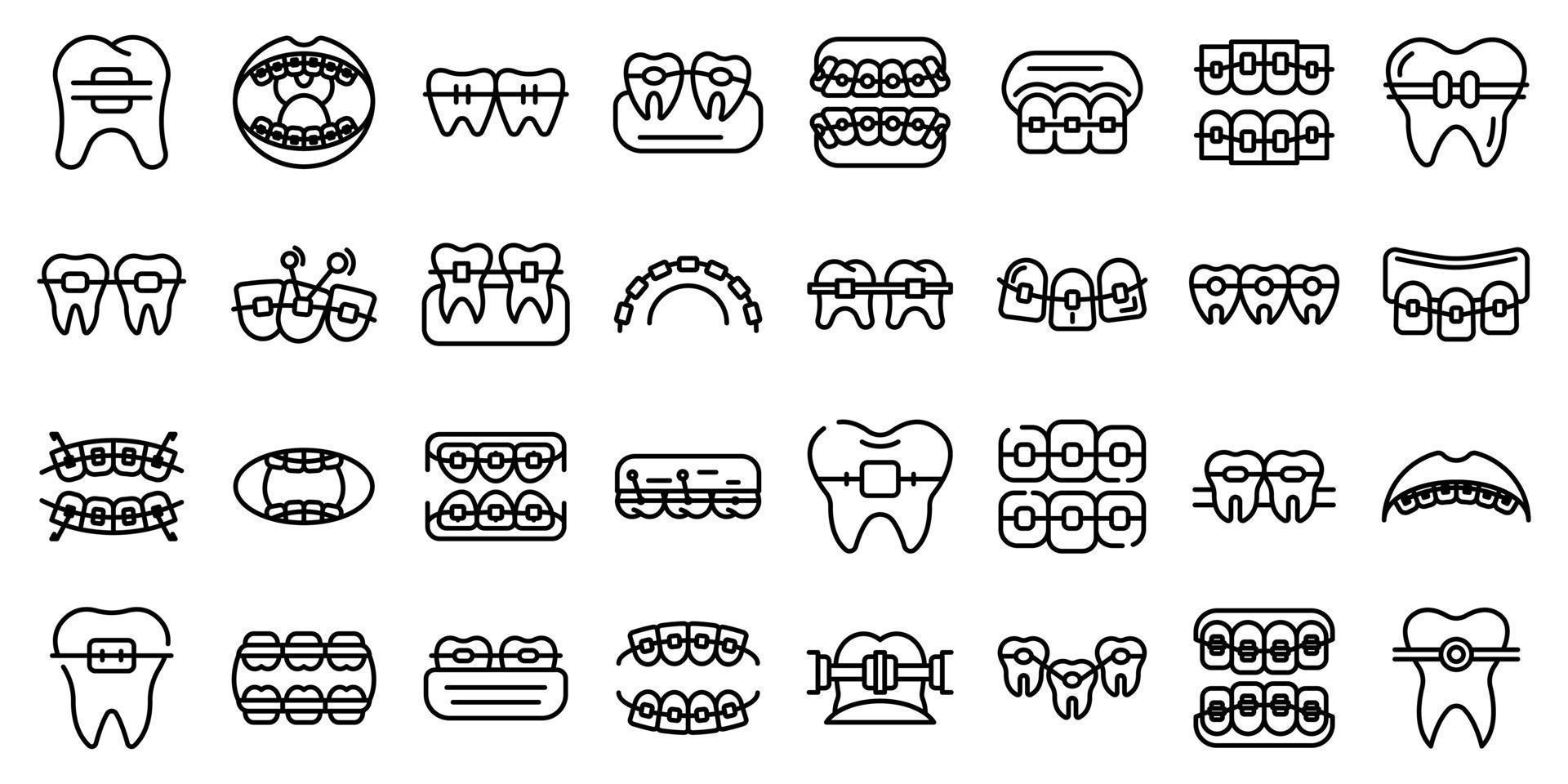 conjunto de iconos de frenos dentales, estilo de esquema vector