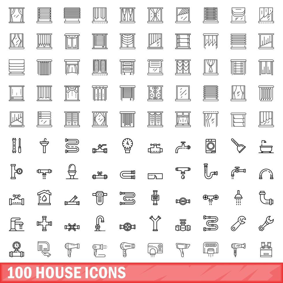 100 house icons set, outline style vector