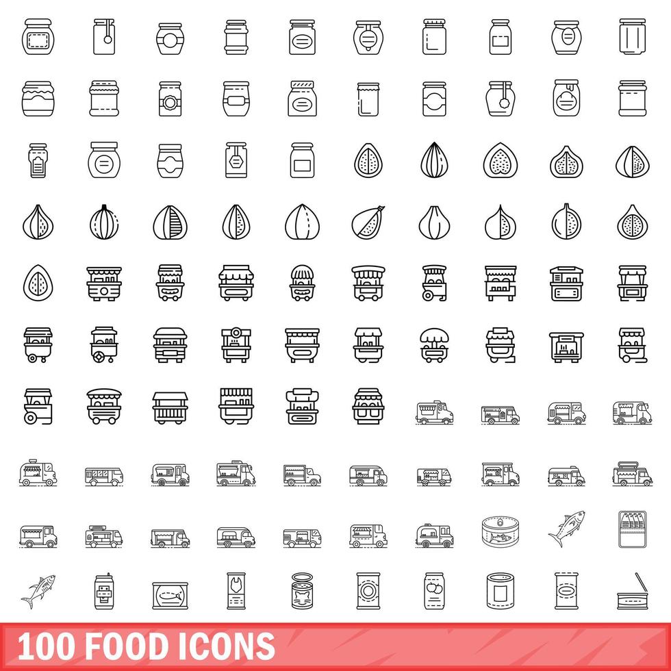 100 food icons set, outline style vector