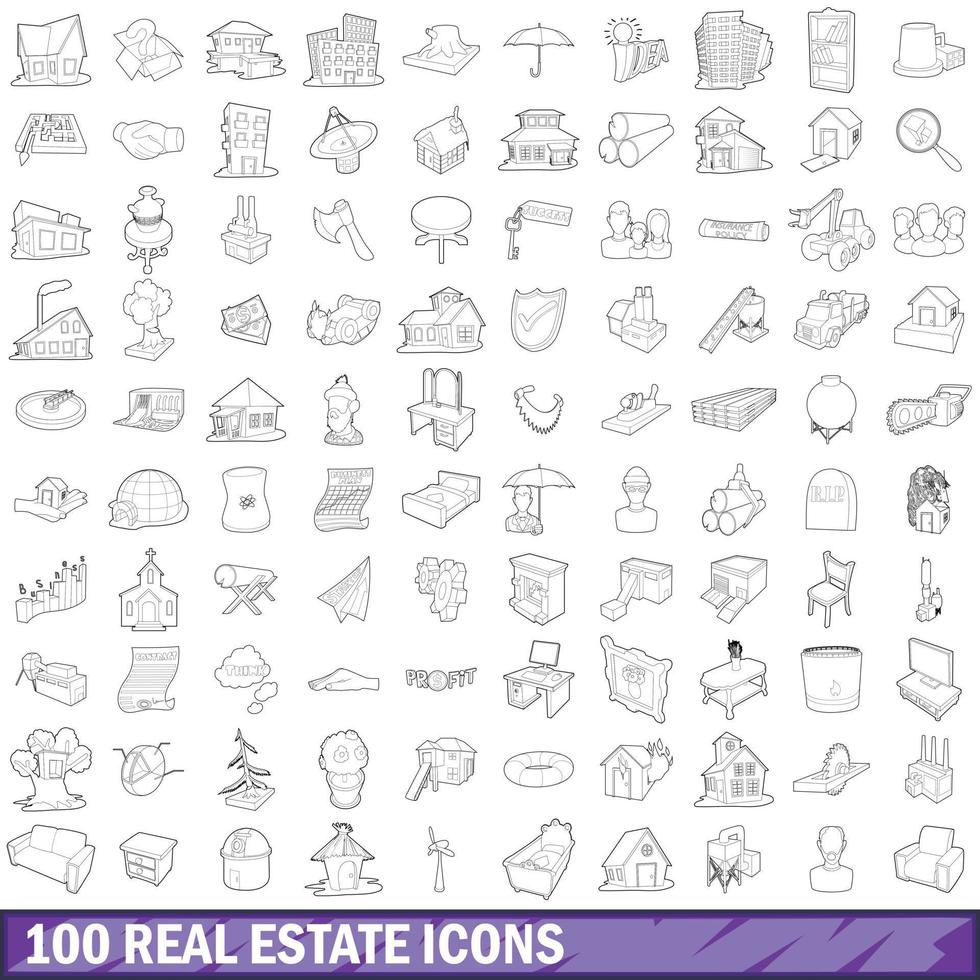 100 real estate icons set, outline style vector