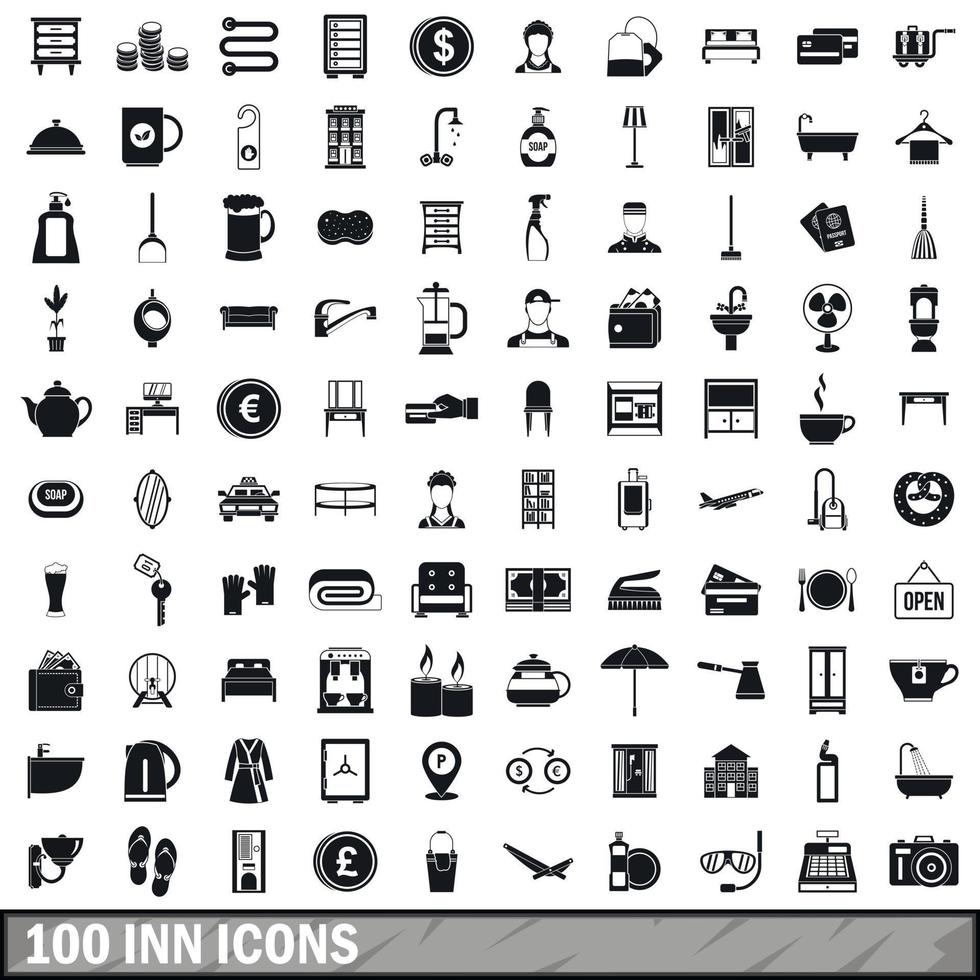 100 conjunto de iconos de posada, estilo simple vector