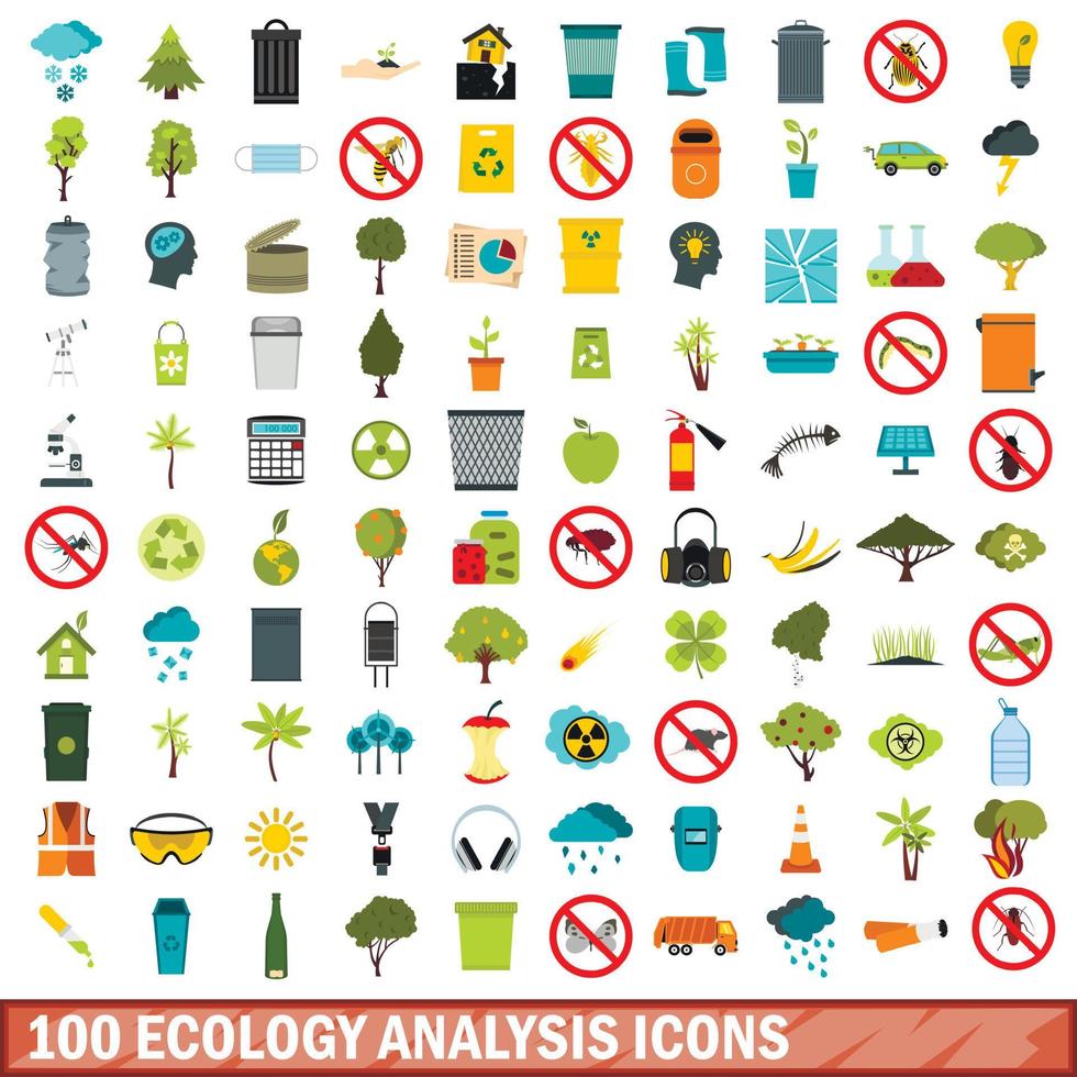 100 conjunto de iconos de análisis ecológico, estilo plano vector