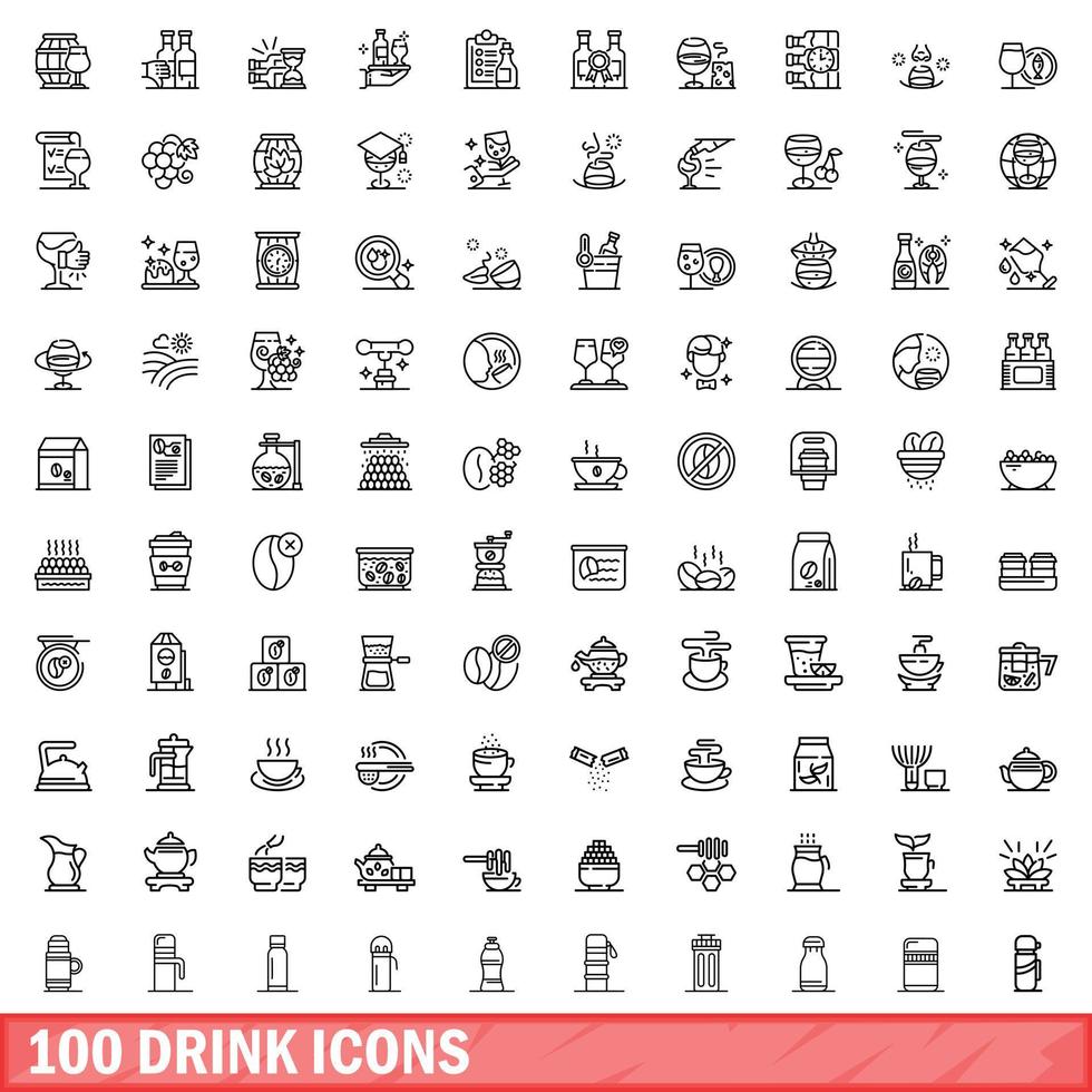 100 drink icons set, outline style vector