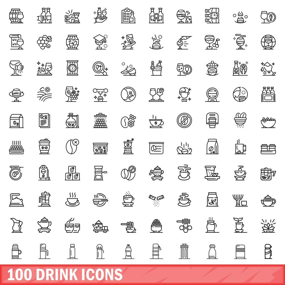 100 iconos de bebida, estilo de esquema vector