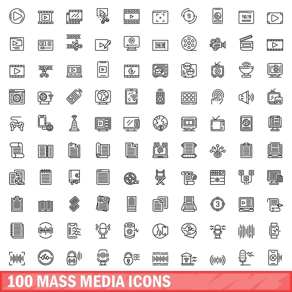 100 mass media icons set, outline style vector