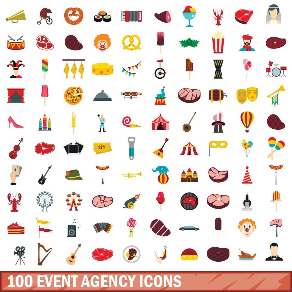 100 event agency icons set, flat style vector