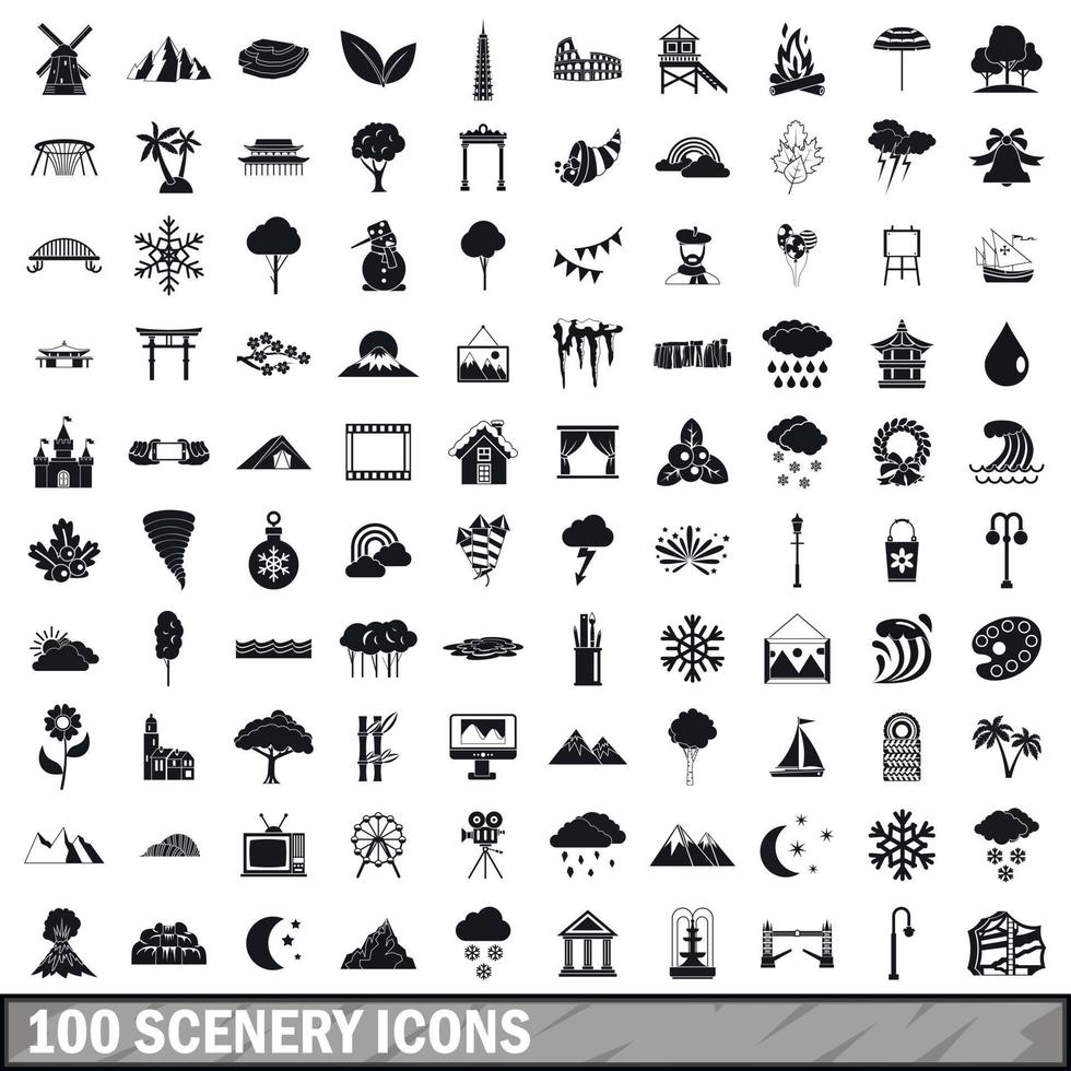 100 scenery icons set, simple style vector