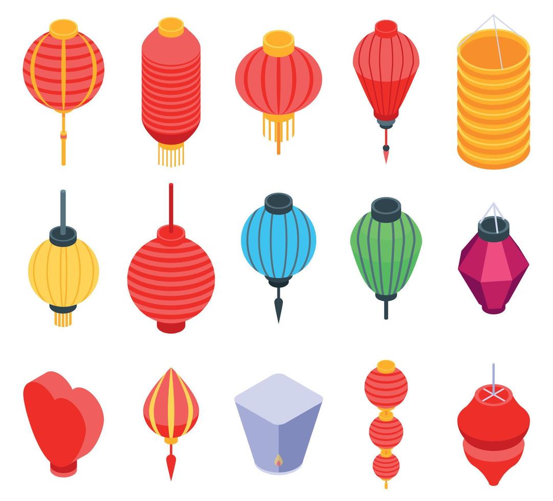 conjunto de iconos de linterna china, estilo isométrico vector