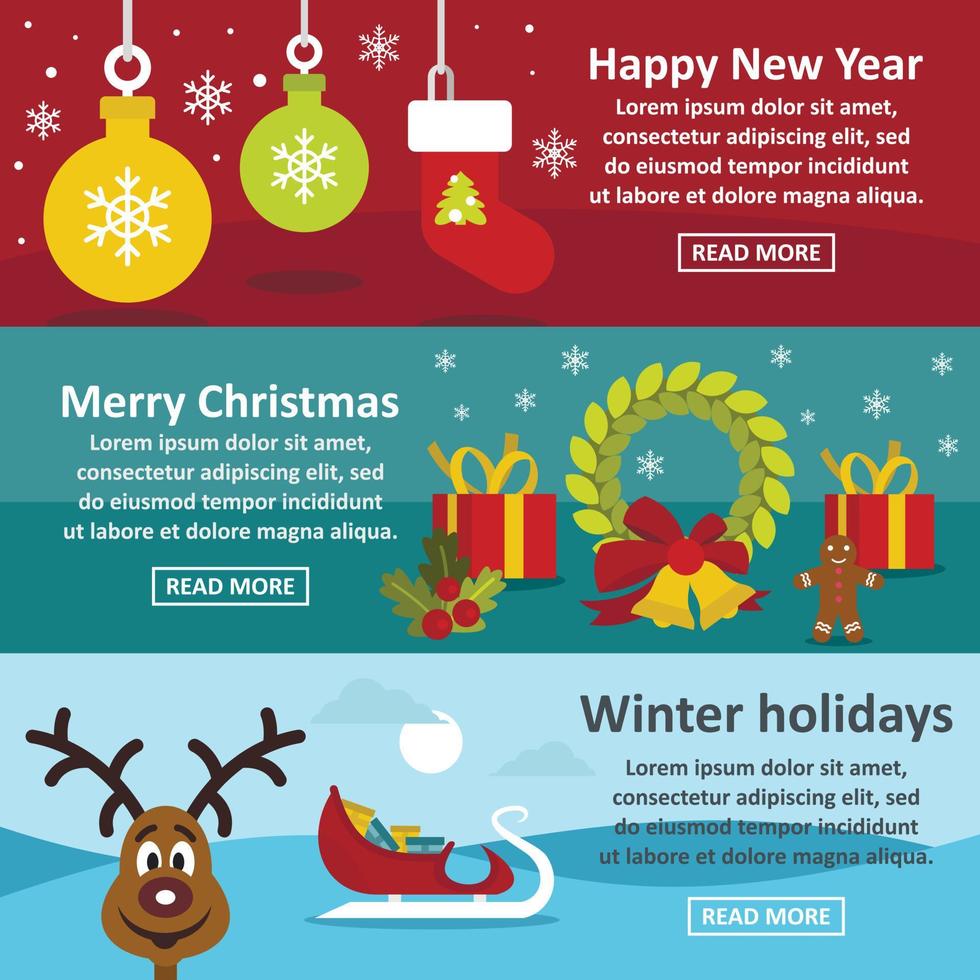 Christmas Year banner horizonatal set, flat style vector