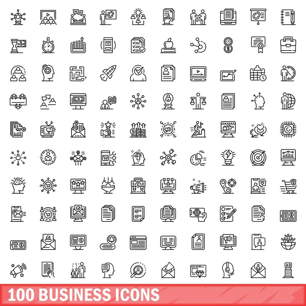 100 business icons set, outline style vector