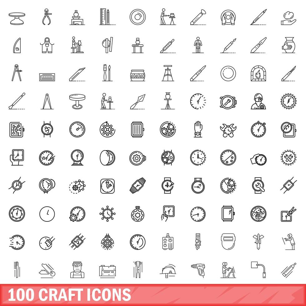 100 craft icons set, outline style vector