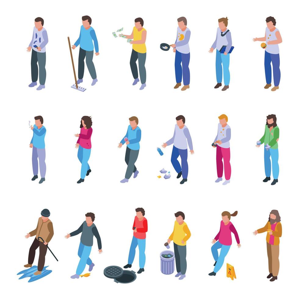 Careless person icons set, isometric style vector